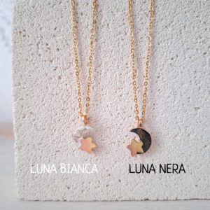 collana luna e stella donna in ottone smaltato bianco e nero, collana boho elegante artigianale