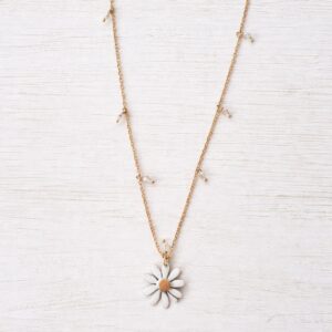 Collana corta con margherita fatta a mano, gioiello artigianale in ottone e pietre, regalo donna
