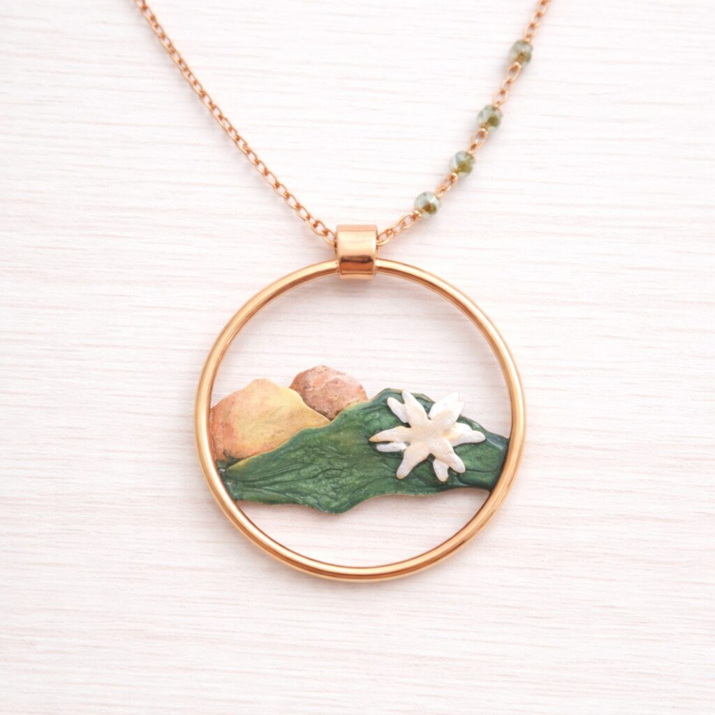 collana montagna con stella alpina, gioiello natura in ottone,regalo amanti montagna