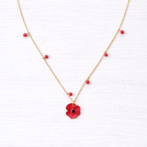 Collana corta con papavero fatta a mano, gioiello artigianale in ottone e pietre, regalo donna