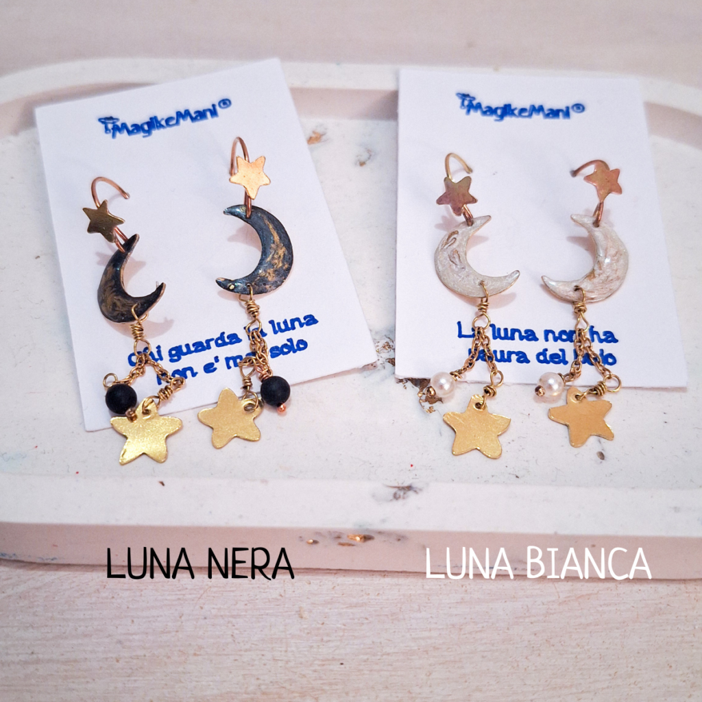 orecchini pendenti luna e stella in ottone, orecchini boho eleganti artigianali