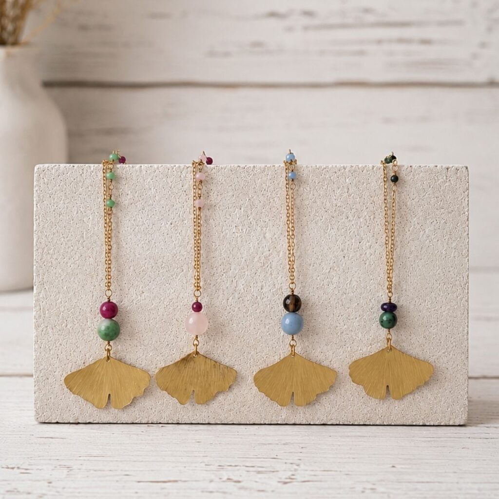 Collana ginkgo donna artigianale, gioielli foglia ginkgo oro