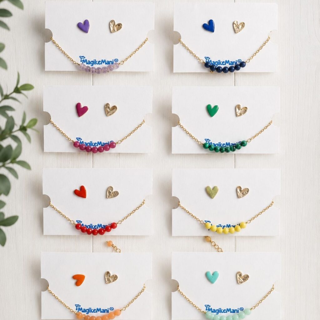 Set gioielli donna con orecchini cuore colorati e bracciale pietre naturali artigianale