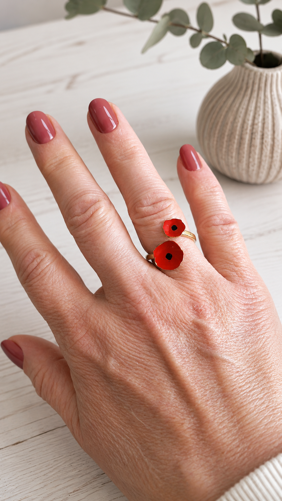 Anello papavero artigianale, regolabile in ottone - immagine 4