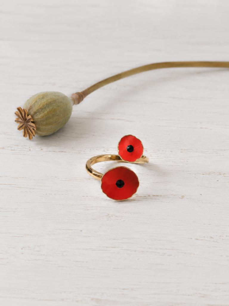Anello papavero artigianale, regolabile in ottone