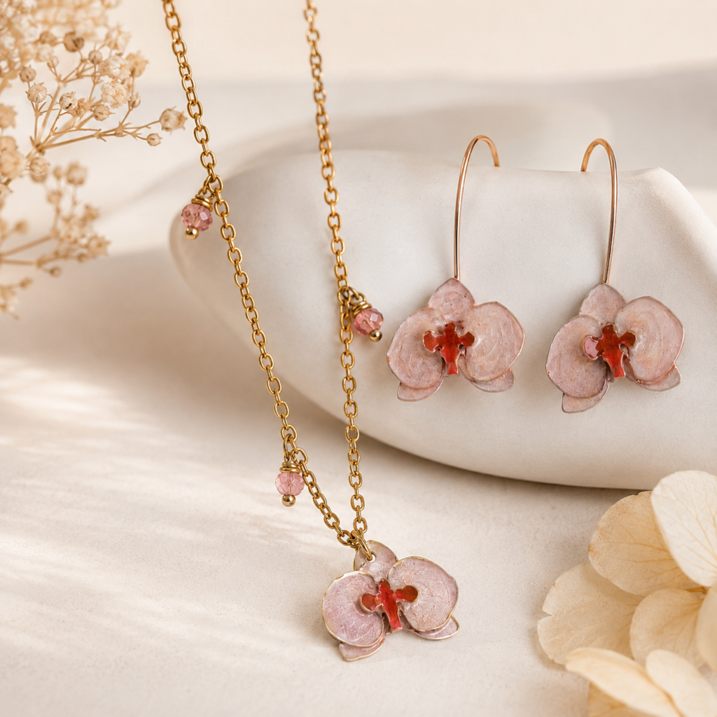 Set orchidea artigianale in ottone, collana e orecchini coordinati
